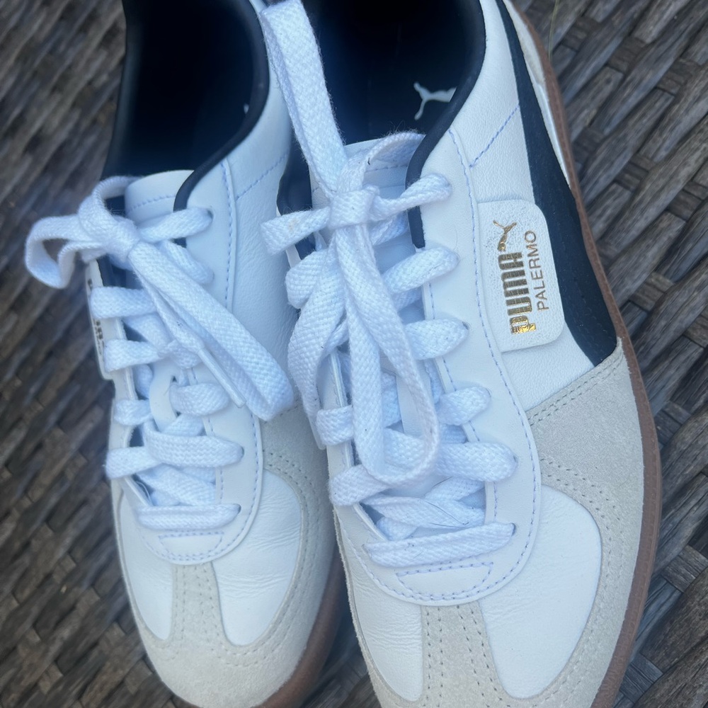 Puma Palermo White and Black Shoes with Gold Detail